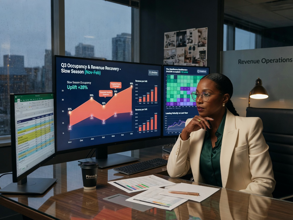 Ultra-realistic 8K image of a property management professional analyzing revenue charts showing occupancy increase during slow season, modern office setting, data visualization on multiple monitors