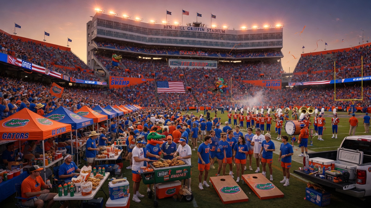University of Florida football game day crowd at Ben Hill Griffin Stadium with tailgating, vibrant colors, cinematic 8K photograph