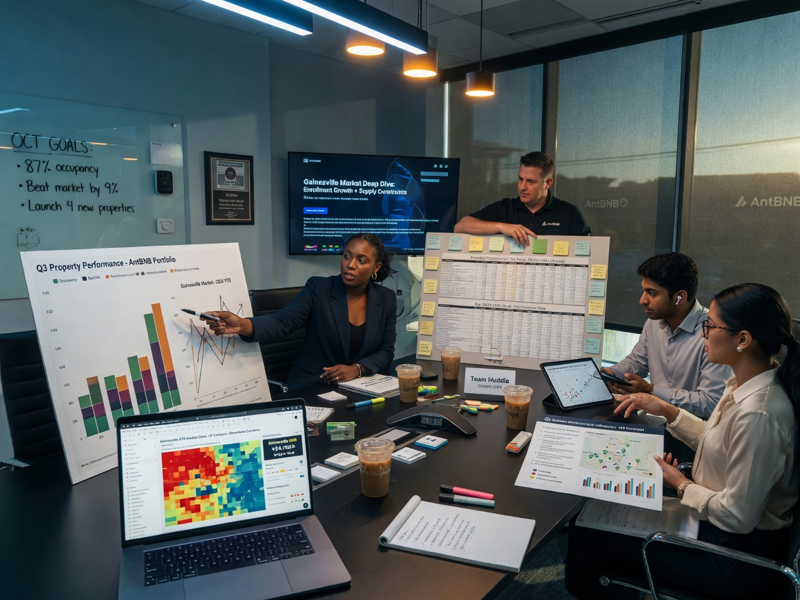 Cinematic 8K image of AntBNB team meeting in modern office discussing property performance charts and Gainesville market data, professional atmosphere
