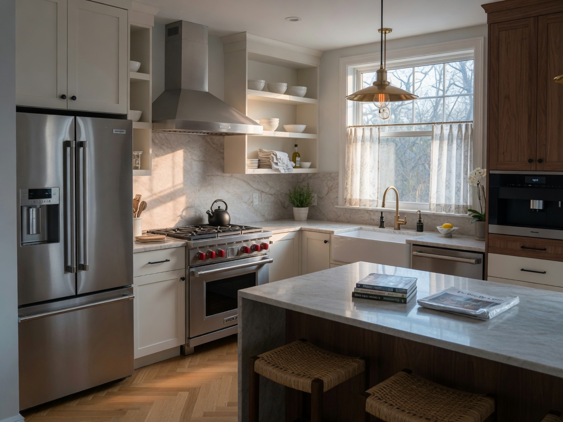 Ultra-realistic 8K photograph of an empty luxury Airbnb kitchen with premium appliances during low season, morning light streaming through windows, clean and inviting, real estate photography