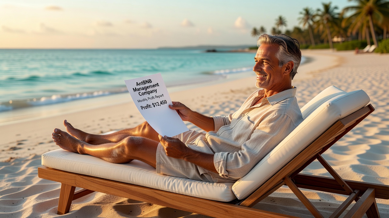 Happy property owner receiving monthly profit report from AntBNB management company while relaxing on beach, lifestyle ultra-realistic 8K image