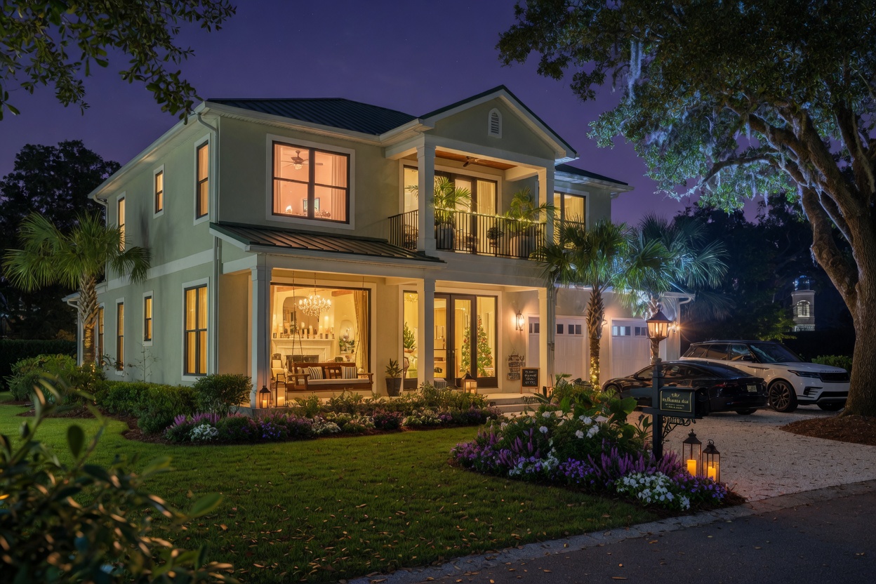 Ultra-realistic 8K night image of beautifully lit luxury vacation rental home in Gainesville Florida with warm interior lights glowing through windows